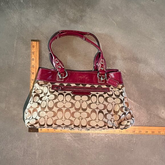 Coach Penelope Fushia and Tan Signature Jacquard/Patent Leather Bag - Picture 1 of 8
